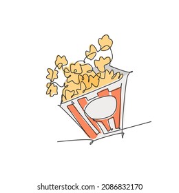 One single line drawing of fresh salty pop corn with stripped patter paper box vector graphic illustration. Snack for watching movies concept. Modern continuous line draw design