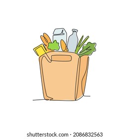 One single line drawing of fresh vegetables, milk, lettuce, carrot and bread vector graphic illustration. Daily staple food badge concept. Modern continuous line draw grocery store design