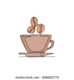 One single line drawing of fresh aromatic black coffee with beans logo vector illustration. Coffee shop menu and restaurant badge concept. Modern continuous line draw design street drink logotype