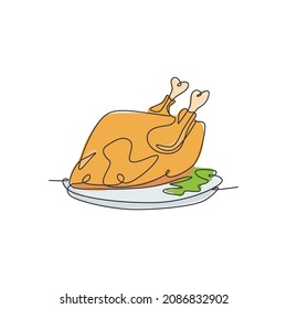 One single line drawing of fresh hot roasted turkey for restaurant menu vector graphic illustration. Typical food for festival holiday celebration concept. Modern continuous line draw design
