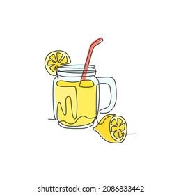 One single line drawing of fresh lemonade ice on jar glass with sliced lemon vector illustration graphic. Cafe menu and restaurant badge concept. Modern continuous line draw art design