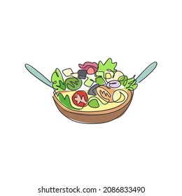 One single line drawing of fresh organic salad logo vector illustration graphic. Healthy vegan food cafe menu and restaurant badge concept. Modern continuous line draw design street food logotype