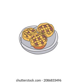 One single line drawing of fresh delicious traditional apple pie logo vector graphic illustration. Pastry cake food cafe menu and restaurant badge art concept. Modern continuous line draw design