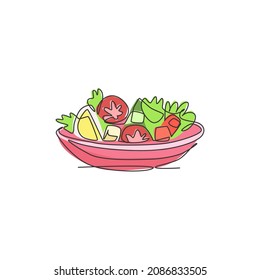 Eine einzige Linie Zeichnung von frischem gesundem Gemüse Salat Logo Vektorgrafik. Bio-Essen-Café-Menü und Restaurant-Badge-Konzept. Modernes, durchgehendes Liniendesign für Straßenfutter