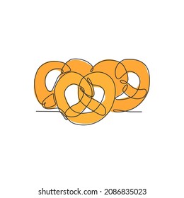 One single line drawing of fresh delicious Germany pretzel logo vector illustration. Traditional snack food bakery and pastry shop badge concept. Modern continuous line draw design cookies logotype