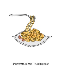 One single line drawing of fresh delicious Italian spaghetti logo vector illustration. Pasta fast food cafe menu and restaurant badge concept. Modern continuous line draw design street food logotype