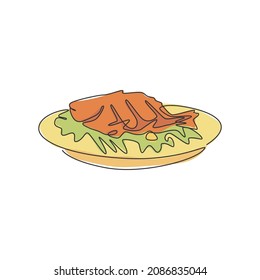 One single line drawing fresh delicious baked carp fish logo graphic vector illustration. Tasty seafood cafe menu and restaurant badge concept. Modern continuous line draw design street food logotype