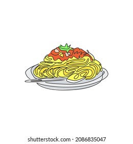 Dibujo de una sola línea fresco delicioso spaghetti italiano logo gráfico vectorial ilustración. Menú de café de comida rápida con fideos italianos y concepto de placa de restaurante. Logotipo de diseño de traza continua de línea moderna