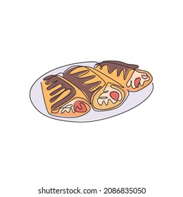 One single line drawing of fresh crispy crepes on plate logo vector illustration. Sweet snack fast food cafe menu and restaurant badge concept. Modern continuous line draw design street food logotype