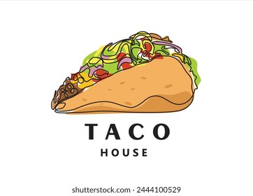One single line drawing of fresh Mexican taco logo vector graphic illustration. Fast food cafe menu and Mexico restaurant badge concept. Modern continuous line draw design street food logotype