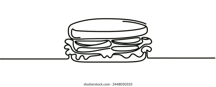 One single line drawing of fresh sandwich logo vector graphic art illustration. Hot dog fast food cafe menu and restaurant badge concept. Modern continuous line draw design street food logotype.