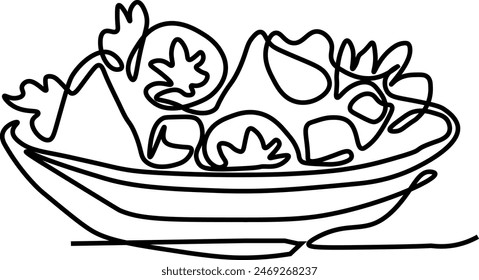 Una sola línea de dibujo de ensalada de verduras frescas saludables logo Vector ilustración gráfica. Menú de café de comida orgánica y concepto de insignia de restaurante. Moderno diseño de línea continua de dibujos de calle Fodeps Gratis