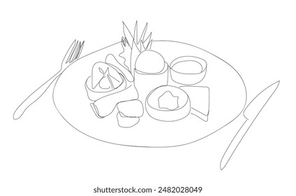 One single line drawing of fresh healthy breakfast  plate vector graphic illustration. Organic food cafe menu and restaurant badge concept. Modern continuous line draw design street food logotype