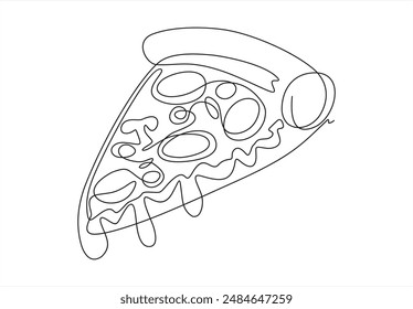 One single line drawing fresh Italian pizza logo vector graphic illustration. Fast food pizzeria Italy cafe menu and restaurant badge concept. Modern continuous line draw design street food logotype