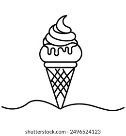 One single line drawing of fresh ice cream cone store logo graphic, vector illustration.