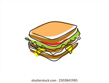 One single line drawing of fresh sandwich logo vector graphic art illustration. Hot dog fast food cafe menu and restaurant badge concept. Modern continuous line draw design street food logotype