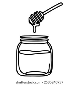 One single line drawing fresh sweet natural gold honey on glass jar with wooden dipper vector graphic illustration. Natural organic supplement concept. Modern continuous line draw healthy food design
