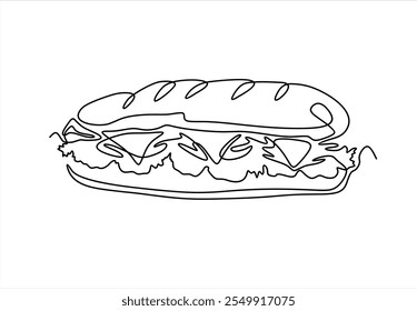 Un solo dibujo de línea de Vector de logotipo de sándwich fresco ilustración de arte gráfico. Perro caliente menú de cafetería de comida rápida y concepto de insignia de restaurante. Logotipo moderno de comida callejera de diseño de dibujo de línea continua