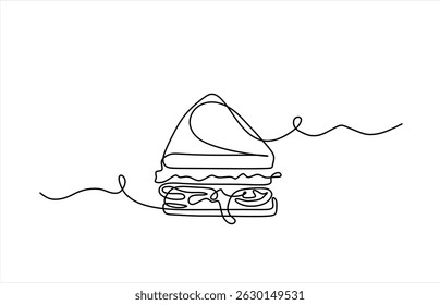 Um único desenho de linha de sanduíche fresco logotipo vetor ilustração de arte gráfica. Menu de café fast food e conceito de crachá de restaurante. Linha contínua desenhando o logotipo de comida de rua. Traçado editável	
