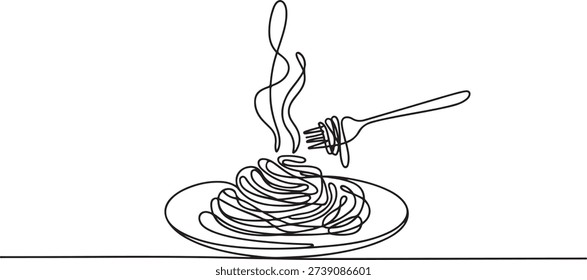 One single line drawing of fresh delicious Italian spaghetti logo vector illustration. Pasta fast food cafe menu and restaurant badge concept. one line Icon drawing

