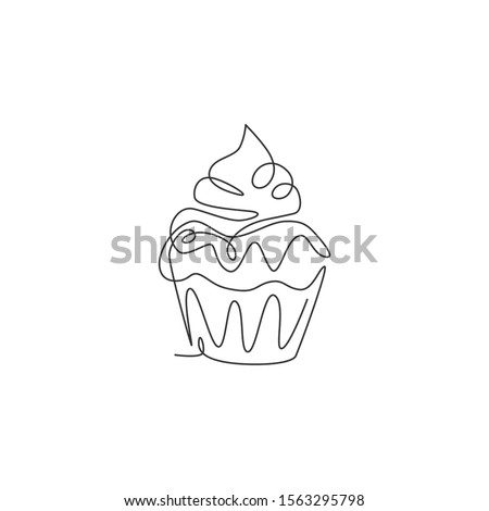 One single line drawing of fresh sweet muffin cake online shop logo vector illustration. Delicious pastry shop menu and restaurant badge concept. Modern continuous line draw design cookies logotype