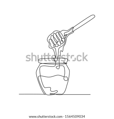 One single line drawing fresh sweet natural gold honey on glass jar with wooden dipper vector graphic illustration. Natural organic supplement concept. Modern continuous line draw healthy food design