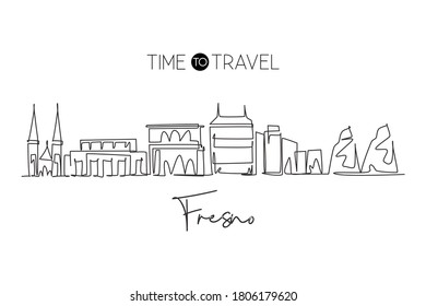 One single line drawing of Fresno city skyline, California. Town landscape for home wall decor poster. Best holiday destination. Trendy continuous line draw graphic design vector illustration