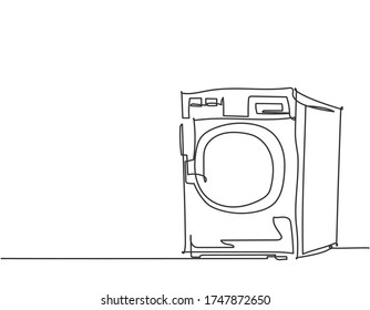 One Single Line Drawing Of Front Door Washing Machine Home Appliance. Electricity Laundromat Equipment Tools Concept. Dynamic Continuous Line Graphic Draw Design Illustration