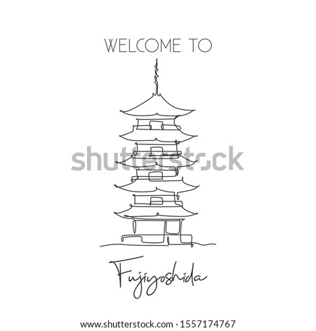 One single line drawing Fuji San Pagoda landmark. World famous place in Fujiyoshida, Japan. Tourism travel postcard home wall decor art concept. Modern continuous line draw design vector illustration
