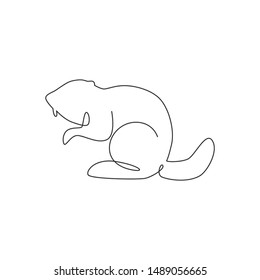 One single line drawing of funny standing beaver for logo identity. Cute adorable rodent animal mascot concept for pet lover club icon. Modern continuous line draw graphic design vector illustration