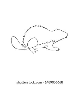 One single line drawing of funny beaver for logo identity. adorable funny rodent animal mascot concept for pet lover club icon. Trendy continuous line draw design vector graphic illustration