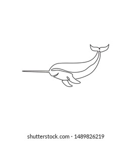 One single line drawing of funny cute narwhal for marine company logo identity. Big narwhale mascot concept for fairytale creature icon. Continuous line draw design graphic vector illustration