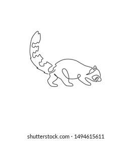One single line drawing of funny red panda for company logo identity. Endangered cute red cat-bear mascot concept for national park icon. Modern continuous line draw design vector graphic illustration