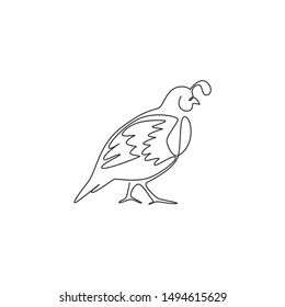 One single line drawing of funny valley quail for logo identity. California quail bird mascot concept for national conservation park icon. Modern continuous line draw design vector illustration