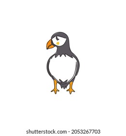 One single line drawing of funny puffin for organisation logo identity. Adorable sea bird mascot concept for national conservation park icon. Modern continuous line draw design vector illustration