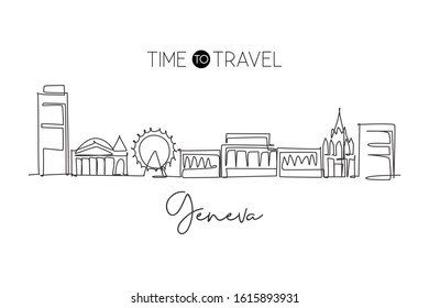 One single line drawing of Geneva city skyline, Switzerland. Historical landscape in world. Best holiday destination wall decor poster. Editable trendy continuous line draw design vector illustration