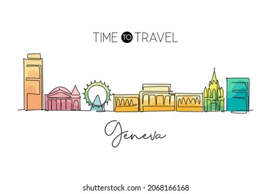 One single line drawing of Geneva city skyline, Switzerland. Historical landscape in world. Best holiday destination wall decor poster. Editable trendy continuous line draw design vector illustration