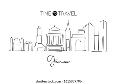 One single line drawing of Genoa city skyline, Italy. Historical skyscraper landscape in world. Best holiday destination wall decor poster print. Trendy continuous line draw design vector illustration