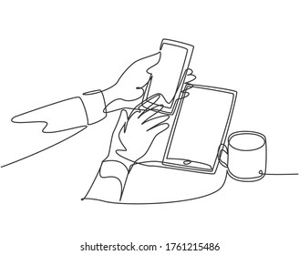 One single line drawing of gesture hand holding touch smartphone screen doing transaction online shopping beside mug of drink. Device gadget concept continuous line draw design vector illustration