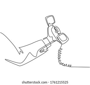 One single line drawing of gesture hand holding old classic analog phone handling at the office. Vintage retro telephone communication concept. Continuous line draw graphic design vector illustration