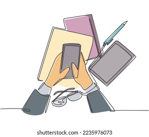 One single line drawing of gesture finger hand holding smartphone device with stack of books and glasses below. Telecommunication gadget concept. Trendy continuous line draw design vector illustration