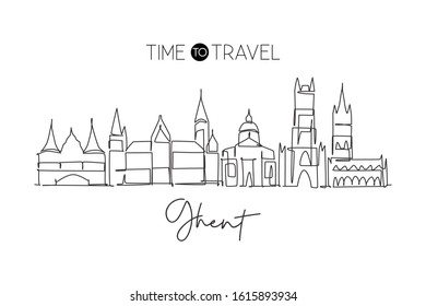 One single line drawing of Ghent city skyline, Belgium. Historical skyscraper landscape in world. Best holiday destination wall decor poster art. Trendy continuous line draw design vector illustration