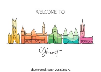 One single line drawing of Ghent city skyline, Belgium. Historical skyscraper landscape in world. Best holiday destination wall decor poster art. Trendy continuous line draw design vector illustration
