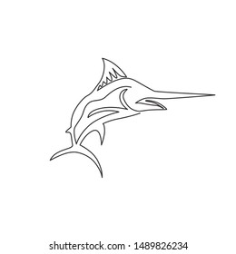 One single line drawing of giant marlin for fresh meat company logo identity. Jumping swordfish mascot concept for seafood can icon. Continuous line graphic draw design vector illustration