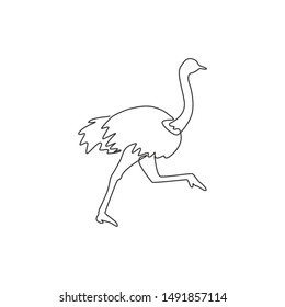 One single line drawing of giant running ostrich for logo identity. Flightless bird mascot concept for safari park icon. Modern continuous line draw design vector illustration graphic