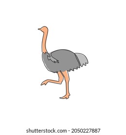 One single line drawing of giant running ostrich for logo identity. Flightless bird mascot concept for safari park icon. Modern continuous line draw design graphic vector illustration