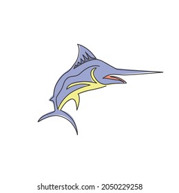One single line drawing of giant marlin for fresh meat company logo identity. Jumping swordfish mascot concept for seafood can icon. Continuous line graphic draw design vector illustration