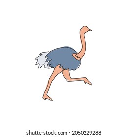 One single line drawing of giant running ostrich for logo identity. Flightless bird mascot concept for safari park icon. Modern continuous line draw design vector illustration graphic