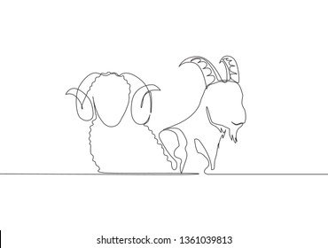 One single line drawing of goat and sheep head. Muslim holiday the sacrifice animal such as goat, camel, sheep and cow, Eid al Adha greeting card concept continuous line draw design illustration