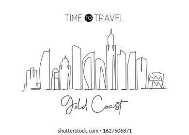 One single line drawing Gold Coast city skyline, Australia. Historical town landscape in world. Best holiday destination poster. Editable stroke trendy continuous line draw design vector illustration